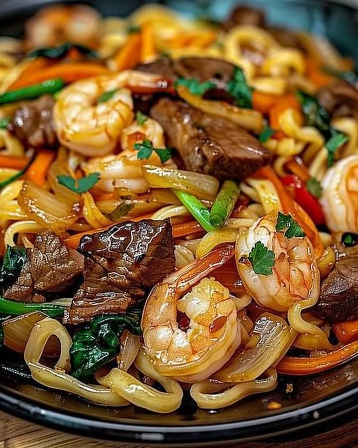 Plate of Steak and Shrimp Stir-Fried Noodles garnished with veggies.