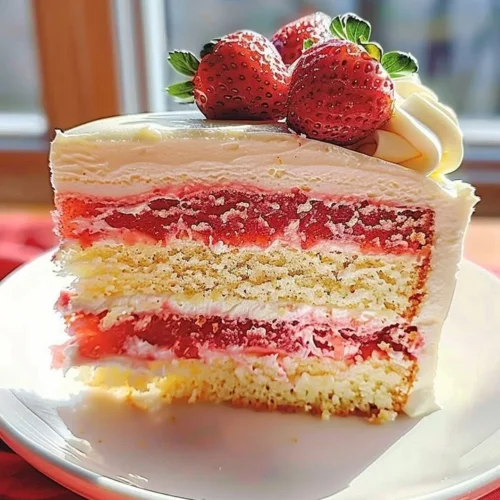 Strawberries and Cream Cheesecake Cake topped with fresh strawberries