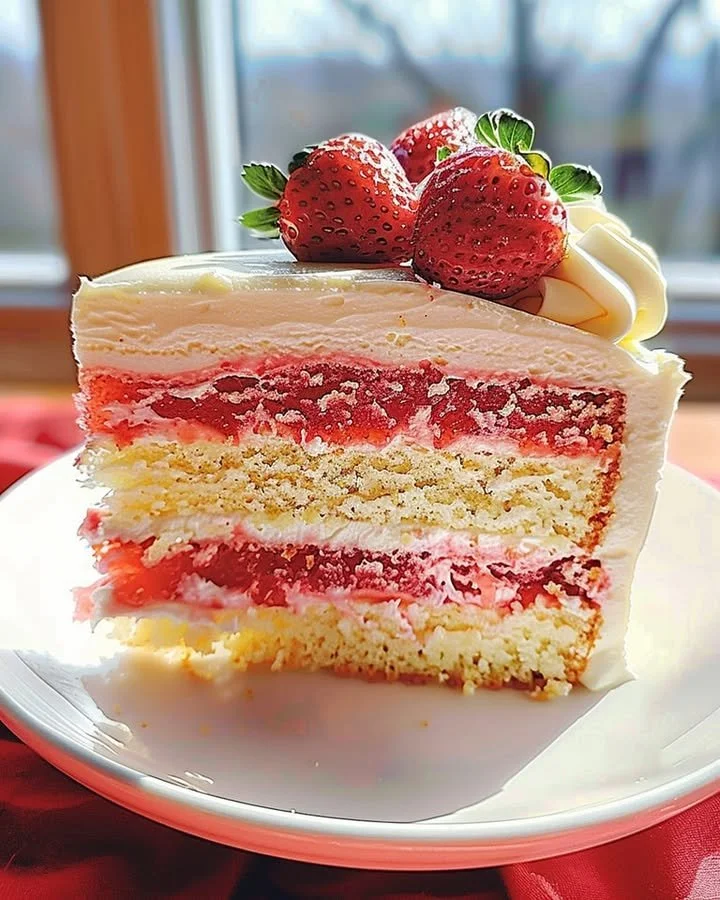 Strawberries and Cream Cheesecake Cake topped with fresh strawberries