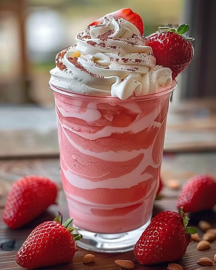Strawberries & Cream Frappuccino topped with whipped cream and fresh strawberries