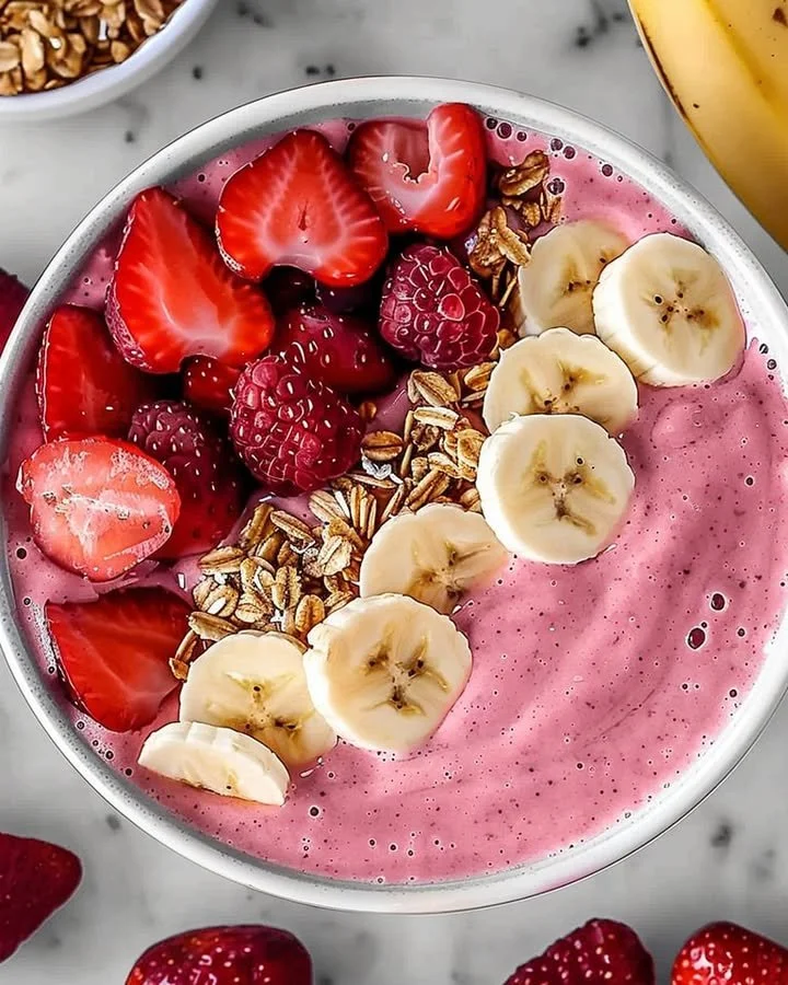 Delicious strawberry banana smoothie in a glass with fresh fruit