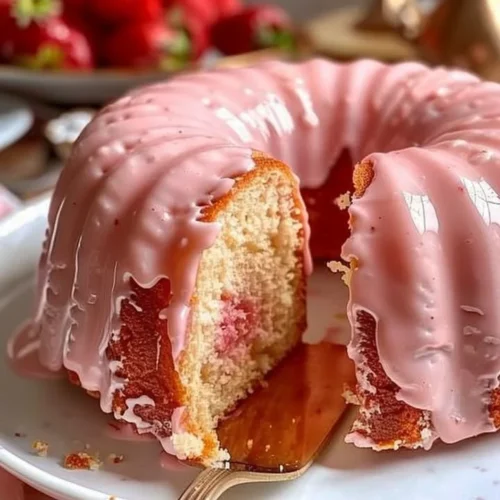 Slice of strawberry buttermilk pound cake with fresh strawberries on top