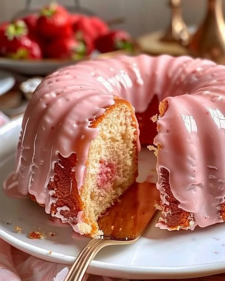 Slice of strawberry buttermilk pound cake with fresh strawberries on top