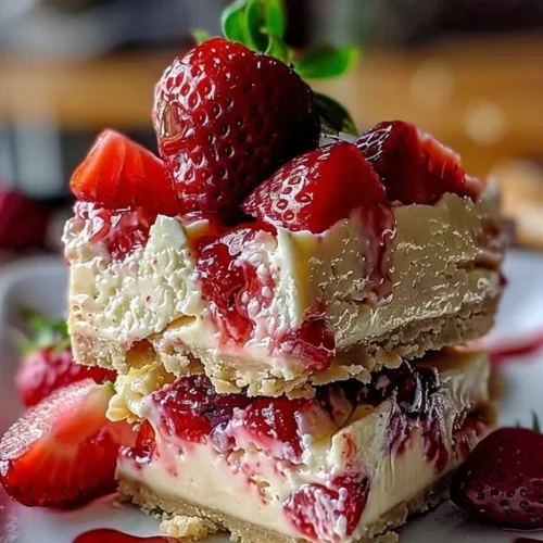 Delicious homemade Strawberry Cheesecake Bar topped with fresh strawberries.