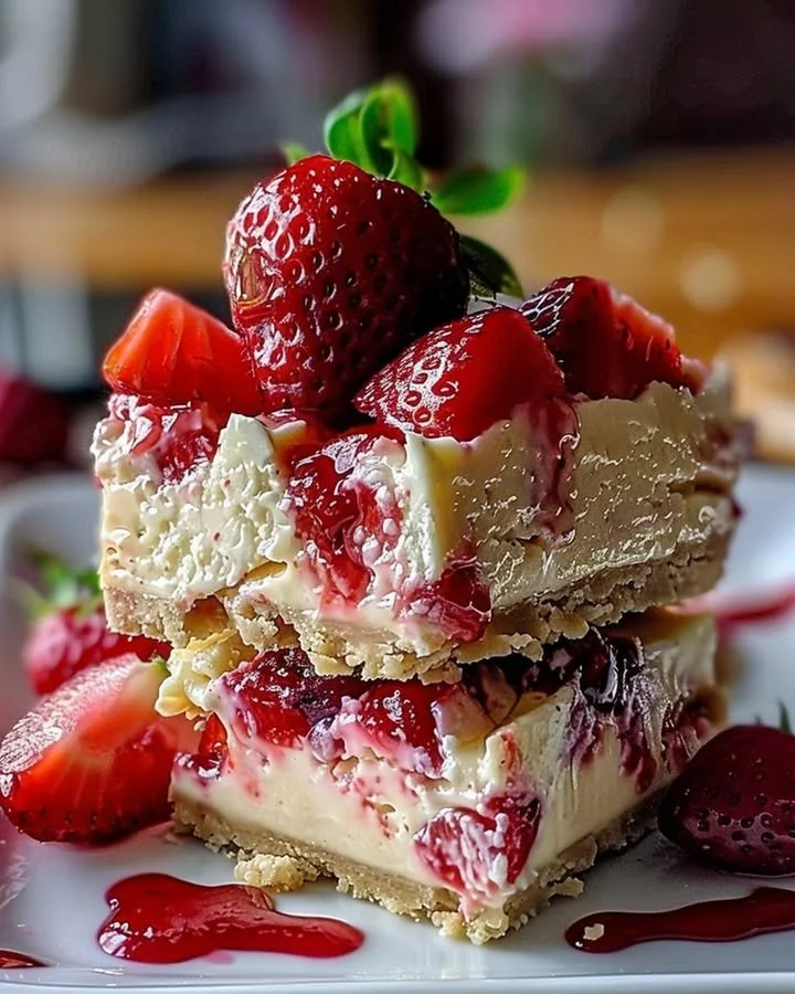 Delicious homemade Strawberry Cheesecake Bar topped with fresh strawberries.