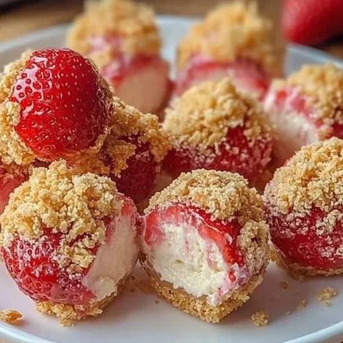 Delicious Strawberry Cheesecake Crunch Bites with fresh strawberries and creamy texture.