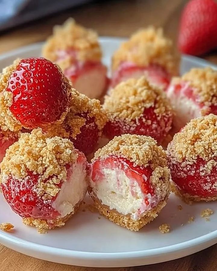 Delicious Strawberry Cheesecake Crunch Bites with fresh strawberries and creamy texture.