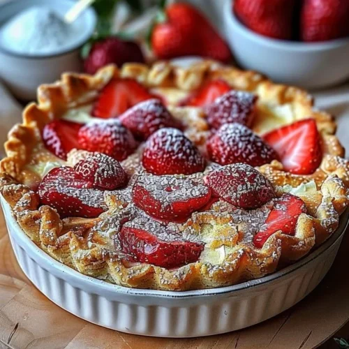 Delicious Strawberry Cheesecake Dump Cake topped with fresh strawberries.