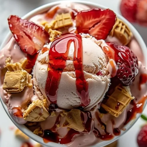 Delicious strawberry cheesecake ice cream in a bowl, topped with fresh strawberries.
