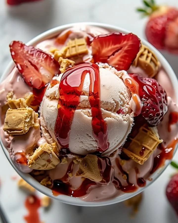 Delicious strawberry cheesecake ice cream in a bowl, topped with fresh strawberries.