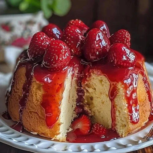 Slice of Strawberry Cheesecake Pound Cake topped with strawberries and cream.