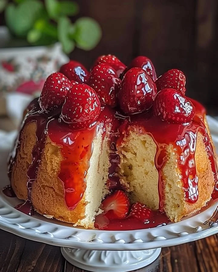 Slice of Strawberry Cheesecake Pound Cake topped with strawberries and cream.