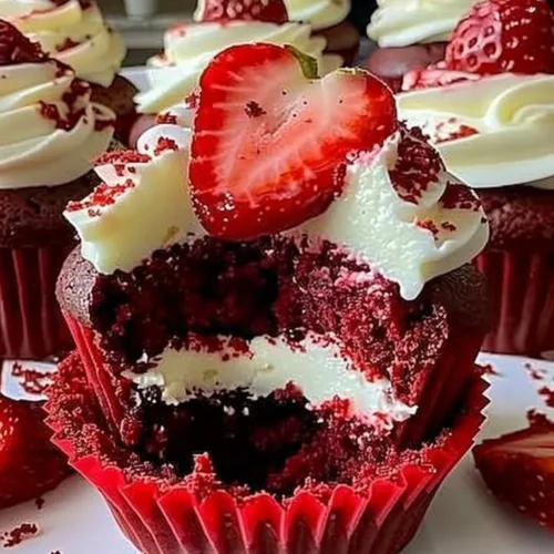 Strawberry cheesecake red velvet cupcakes topped with cream cheese frosting