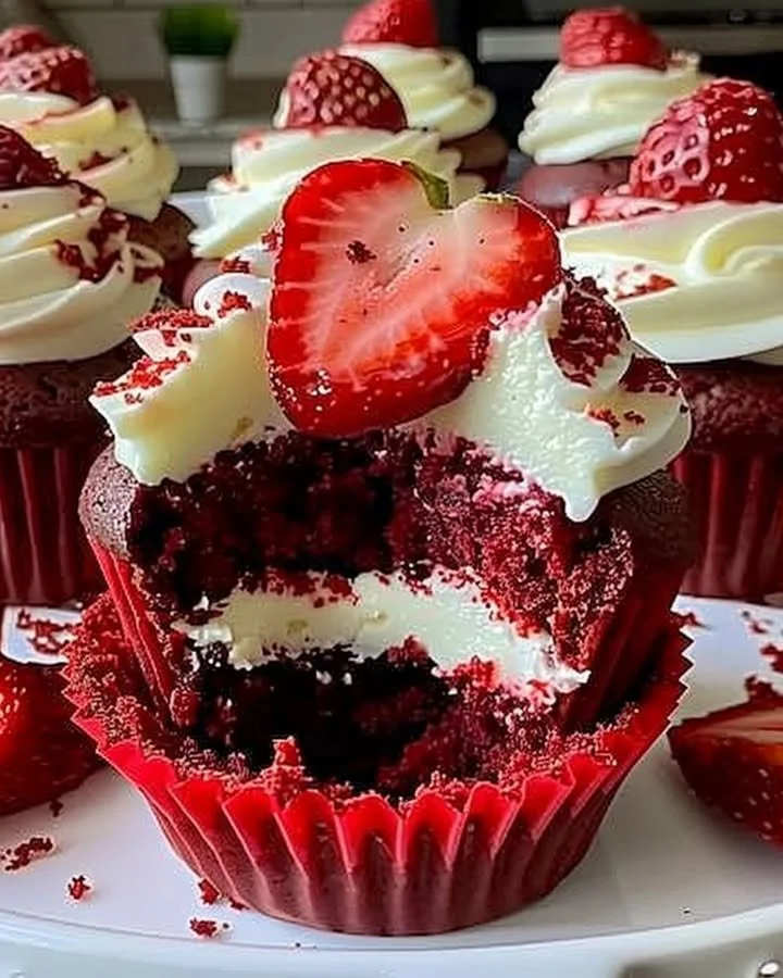 Strawberry cheesecake red velvet cupcakes topped with cream cheese frosting