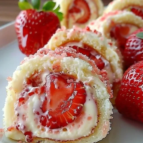 Strawberry cheesecake rolls with creamy filling and fresh strawberries.
