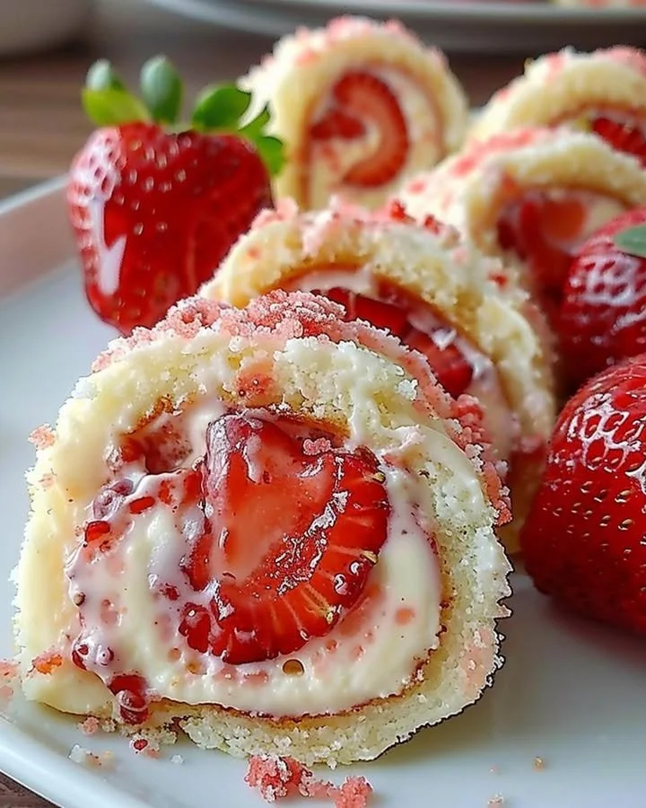 Strawberry cheesecake rolls with creamy filling and fresh strawberries.
