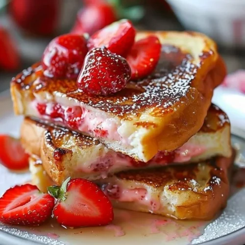 Delicious strawberry cheesecake stuffed French toast on a plate