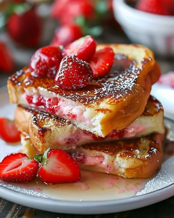 Delicious strawberry cheesecake stuffed French toast on a plate