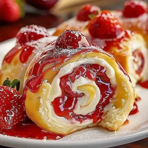Strawberry cheesecake sweet rolls drizzled with icing on a plate