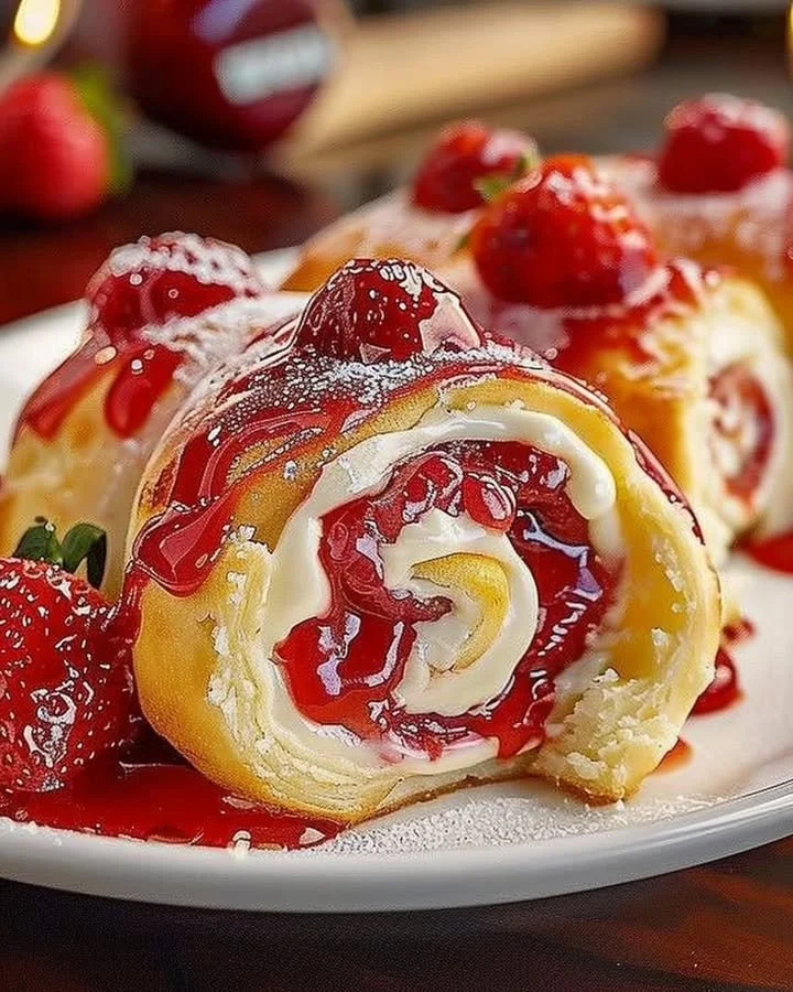 Strawberry cheesecake sweet rolls drizzled with icing on a plate