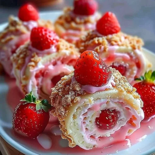 Delicious strawberry cheesecake sweet rolls topped with fresh strawberries