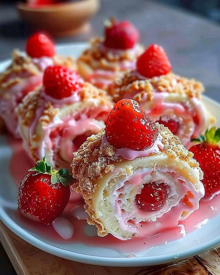 Delicious strawberry cheesecake sweet rolls topped with fresh strawberries