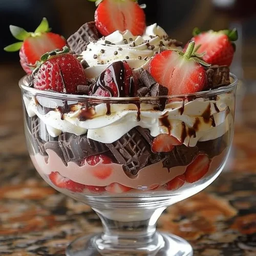 Delicious Strawberry Chocolate Trifle with layers of chocolate and fresh strawberries