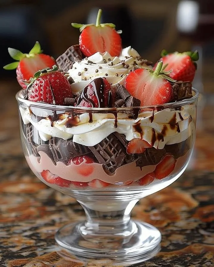Delicious Strawberry Chocolate Trifle with layers of chocolate and fresh strawberries