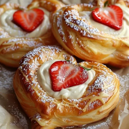 Freshly baked Strawberry Cream Danish with cream and strawberries on top