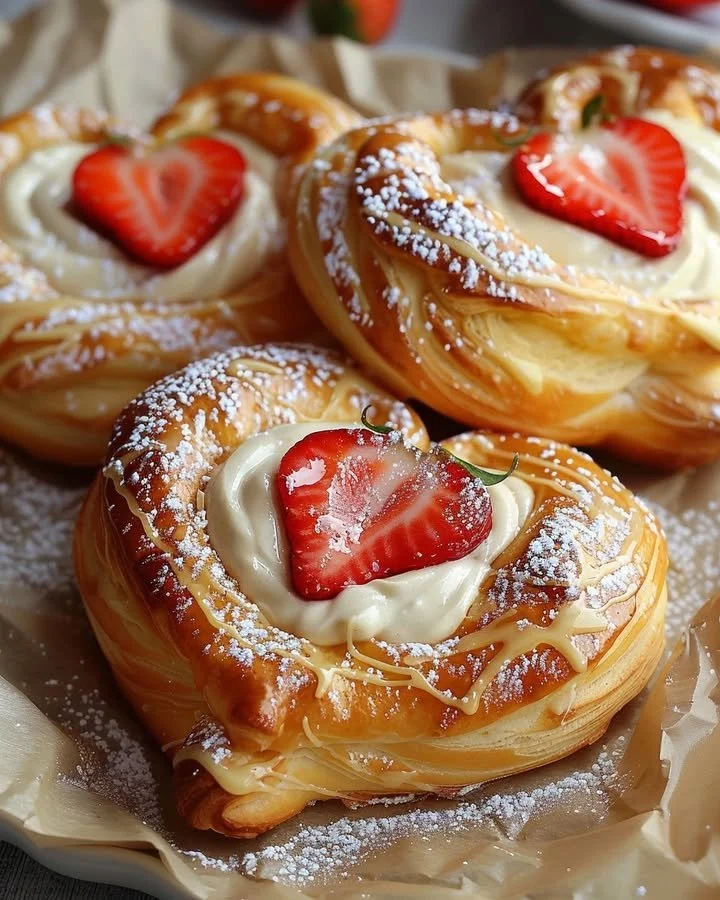 Freshly baked Strawberry Cream Danish with cream and strawberries on top
