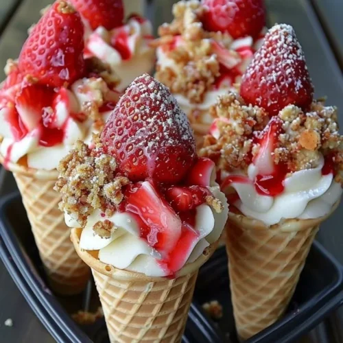 Delicious strawberry crunch cheesecake cones topped with strawberry slices and crumbs