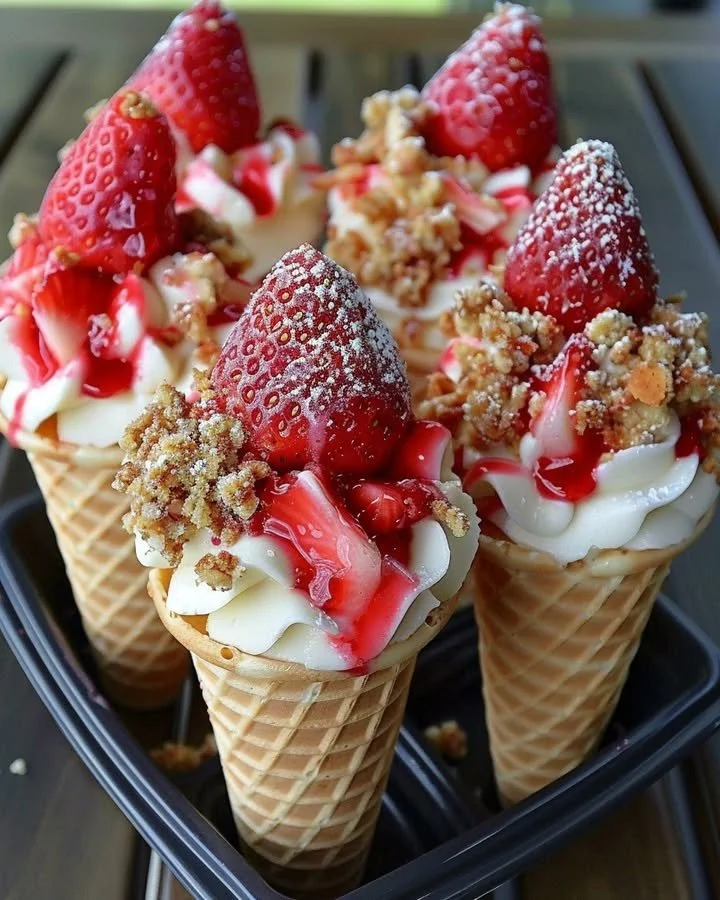 Delicious strawberry crunch cheesecake cones topped with strawberry slices and crumbs