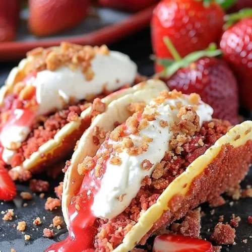 Strawberry Crunch Cheesecake Tacos served on a plate, ready to enjoy.