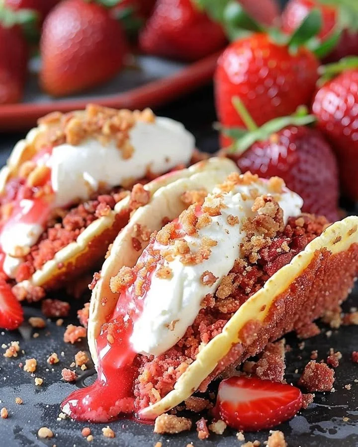 Strawberry Crunch Cheesecake Tacos served on a plate, ready to enjoy.