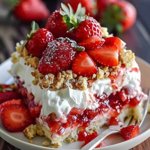 Delicious strawberry crunch poke cake topped with whipped cream and strawberry crumbles