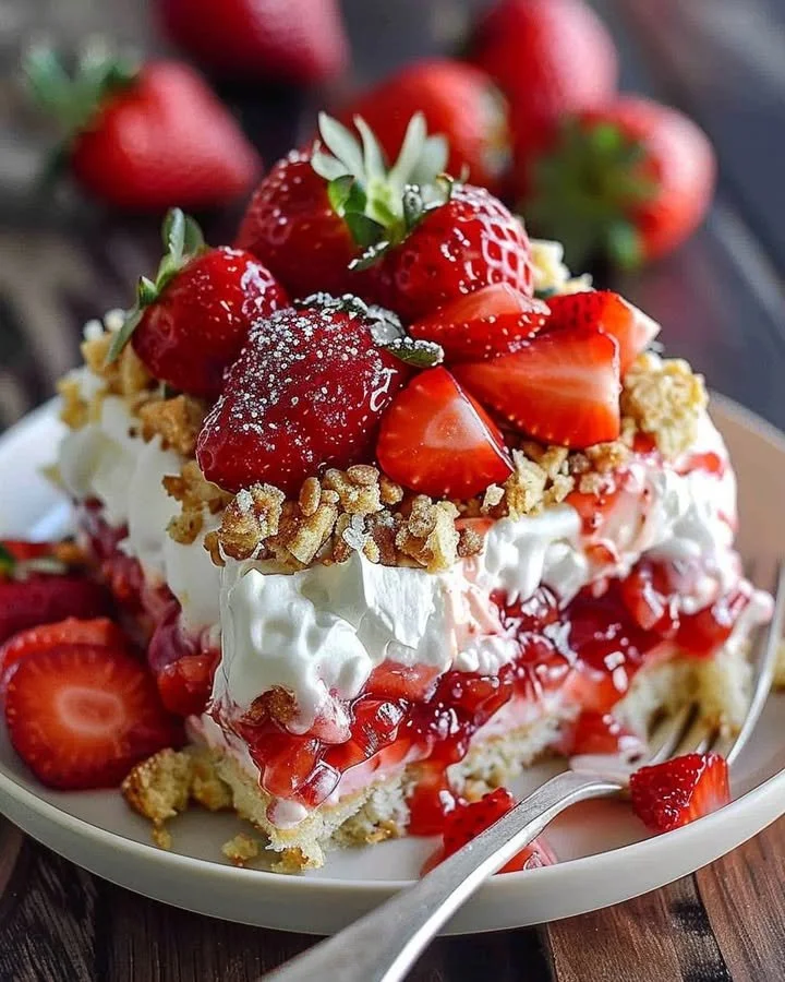 Delicious strawberry crunch poke cake topped with whipped cream and strawberry crumbles