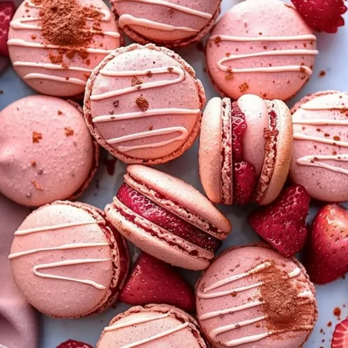 Strawberry French Macarons displayed on a white plate, showcasing their pink color and delicate texture.