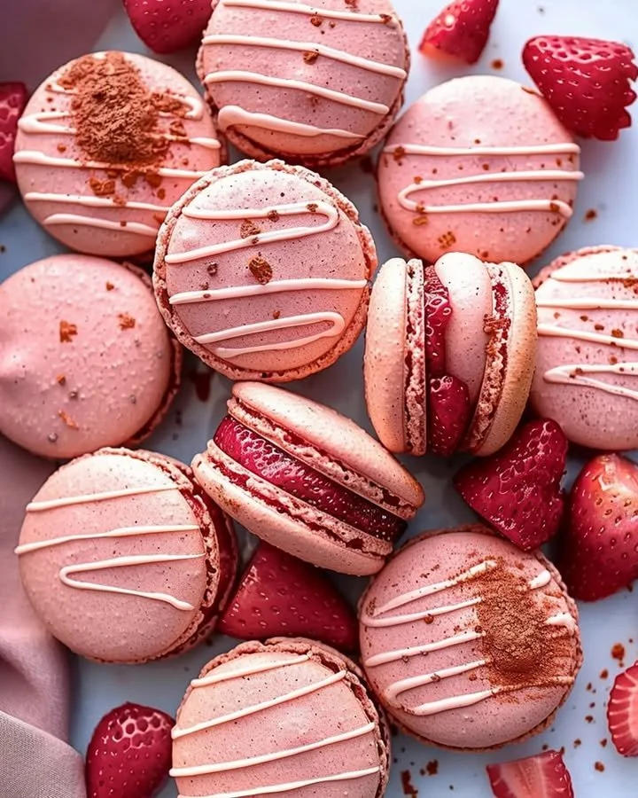 Strawberry French Macarons displayed on a white plate, showcasing their pink color and delicate texture.
