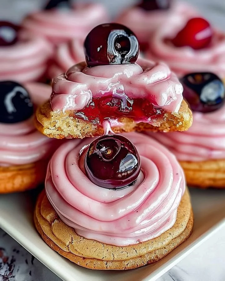 Strawberry Frosted Cherry Cookies topped with pink frosting and cherries