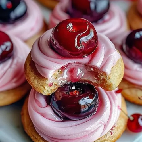 Plate of delicious strawberry frosted cherry cookies decorated with sprinkles