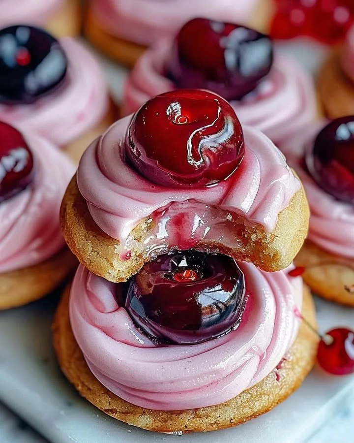 Plate of delicious strawberry frosted cherry cookies decorated with sprinkles