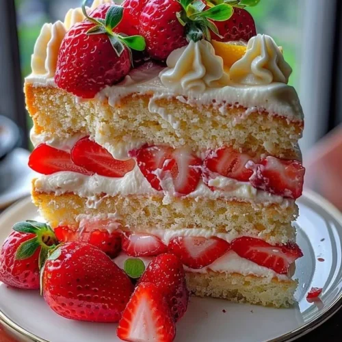 Strawberry Lemon Layer Cake with fresh strawberries and lemon slices