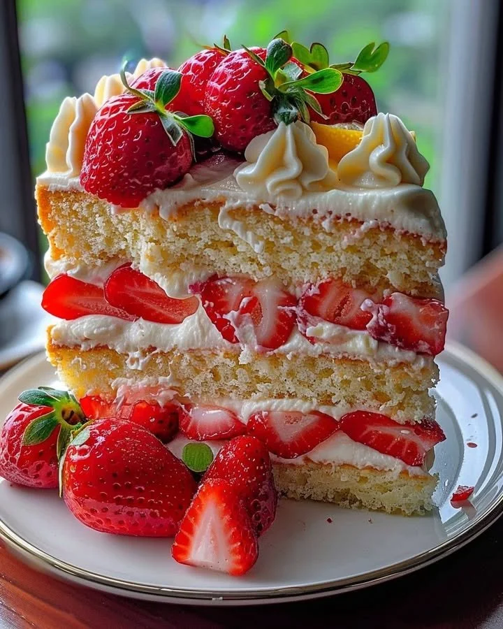 Strawberry Lemon Layer Cake with fresh strawberries and lemon slices