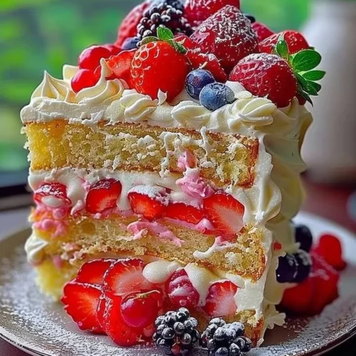 Delicious strawberry lemon layer cake with fresh strawberries and lemon zest