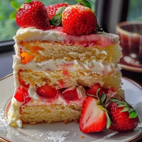 Delicious Strawberry Lemon Layer Cake with fresh strawberries and lemon icing