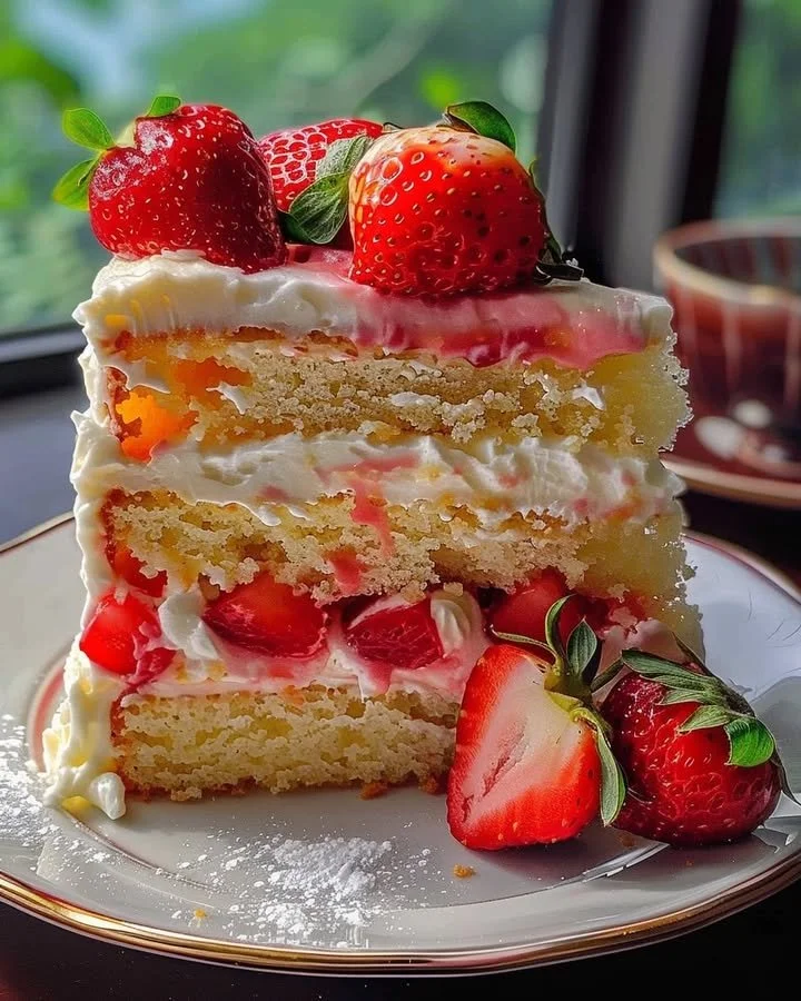 Delicious Strawberry Lemon Layer Cake with fresh strawberries and lemon icing