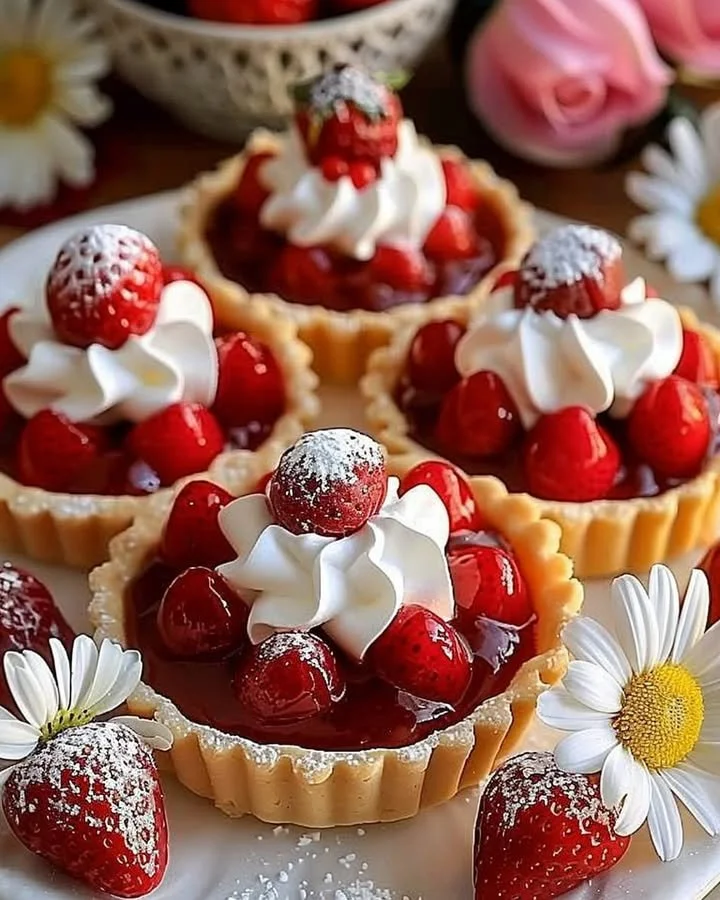 Delicious strawberry meringue tarts topped with fresh strawberries