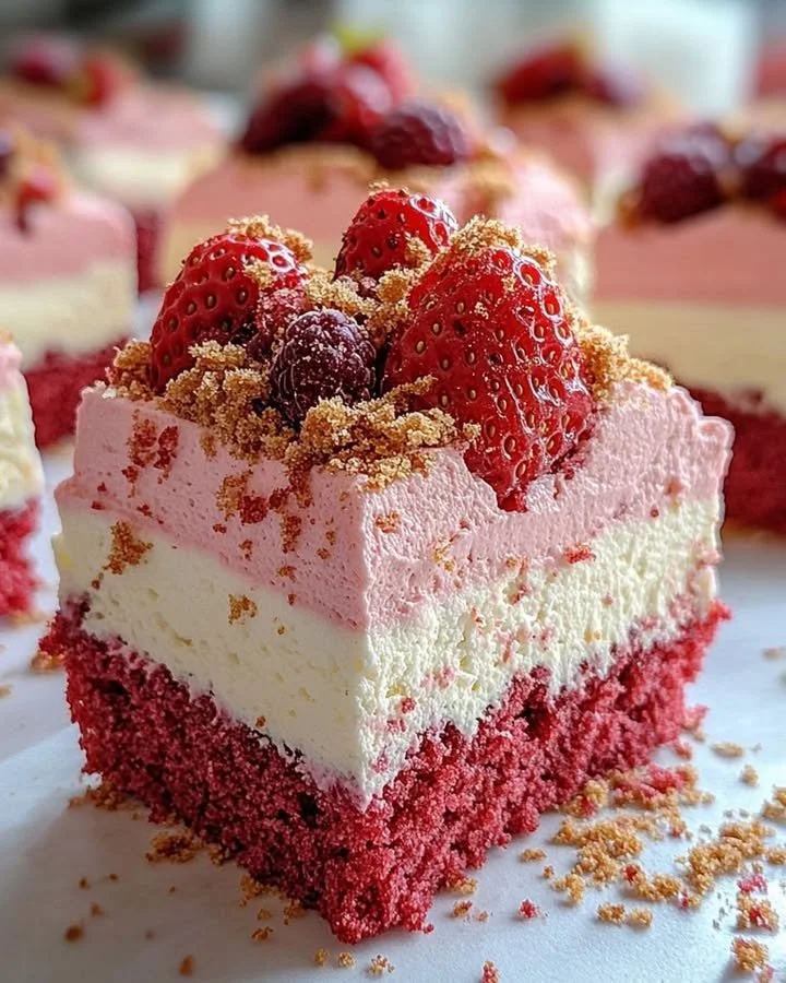 Delicious Strawberry Mousse Cake with a creamy layer of cream cheese and fresh strawberries