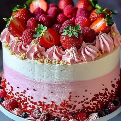 Strawberry ombre cake with layers and whipped cream frosting
