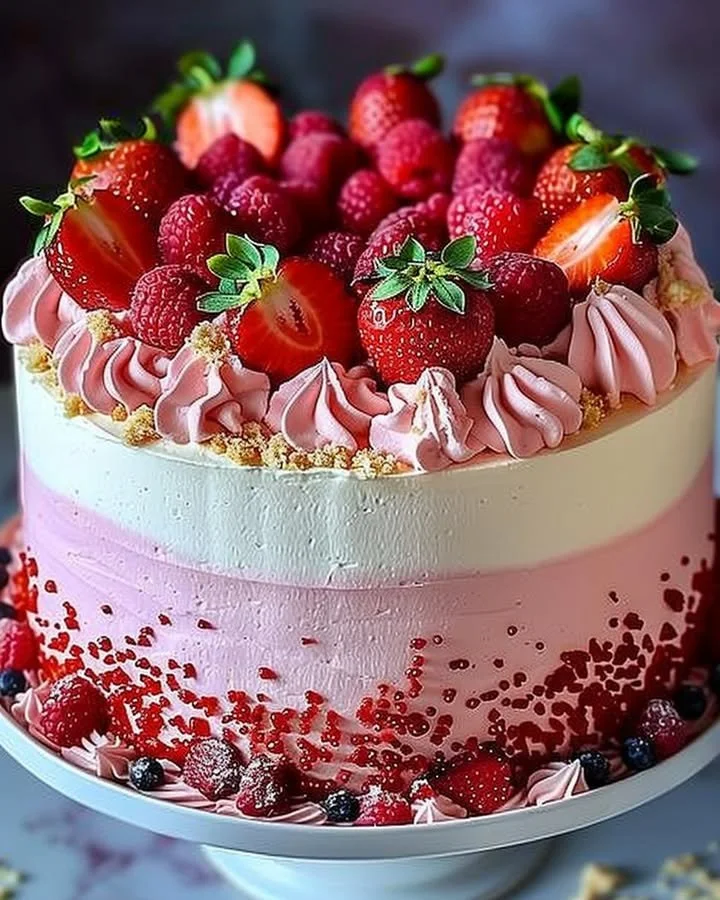 Strawberry ombre cake with layers and whipped cream frosting